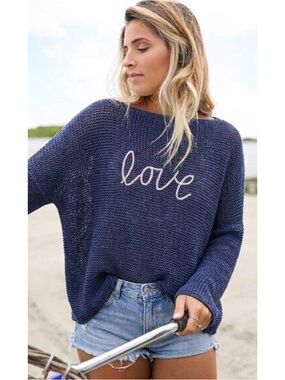 Wooden Ships Love Key West Crew Cotton Sweater Size S/M in Blue Pink